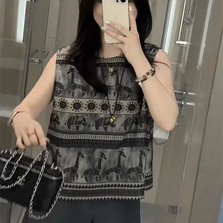 圆领无袖印花T恤衬衫女2025夏季新款设计感小众别致休闲小衫上衣图片