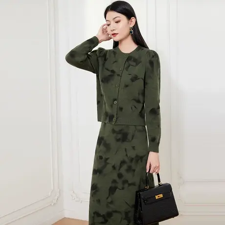 希区瑞普圆领复古新款晕染长袖优雅针织开衫外套半身裙套装商品大图