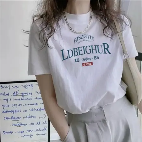 纯棉半高领白色中袖t恤女2025年新款夏季内搭正肩短袖打底上衣潮图片