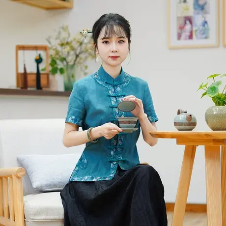 筠雅夏季新款中国风古典唐装上衣女修身清新显瘦新中式女装24J178商品大图
