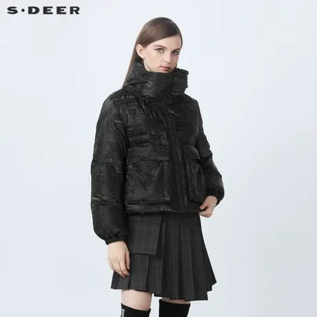 sdeer圣迪奥2021秋冬新品高领连帽字母印花口袋羽绒服女S21462422图片