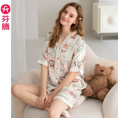 芬腾女士睡衣夏季冰丝薄款V领短袖女款卡通加大码开衫家居服套装商品大图