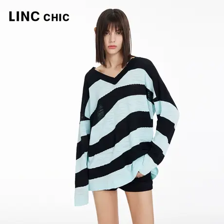 LINCCHIC金羽杰V领针织衫上衣条纹清爽防晒针织罩衫女S241SW126Y图片