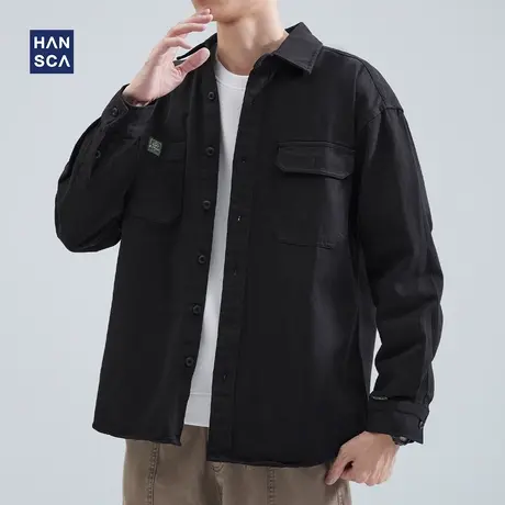 hansca工装长袖衬衫男秋季新款日系复古重磅水洗纯棉宽松休闲外套商品大图