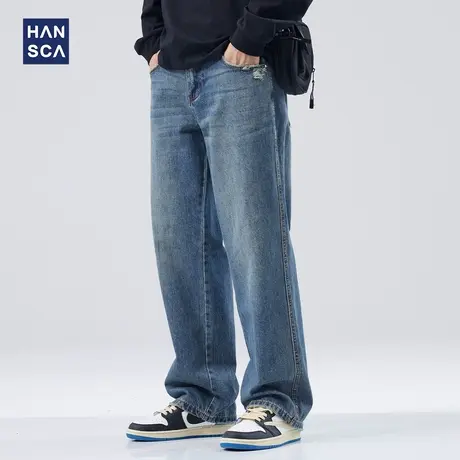 hansca蓝色水洗破洞牛仔裤男秋季美式复古潮牌直筒宽松大码阔腿裤图片
