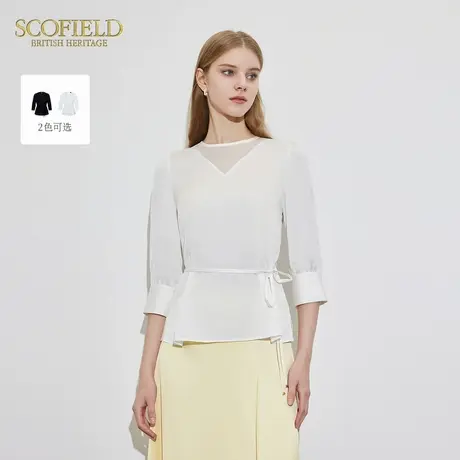 Scofield女装搭配腰带显高光泽感V领透视七分袖衬衫春季上衣商品大图
