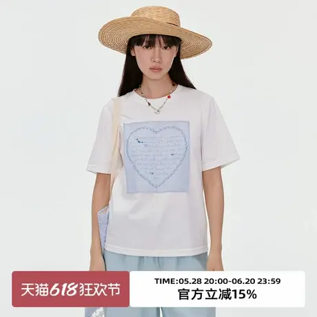 omont蛋挞家复古爱心贴布印花短袖T恤2025夏圆领宽松休闲半袖上衣商品大图