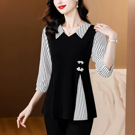 七分袖条纹衬衫女2025夏季新款假两件大码中长款高级感显瘦女上衣商品大图