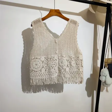 勾花镂空针织背心开衫女夏季新款波西米亚度假风无袖吊带上衣外穿图片