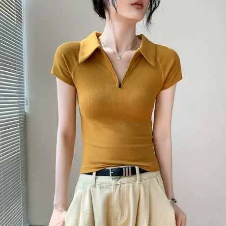 翻领拉链短袖polo衫T恤女2025夏季新款时尚纯色简约修身显瘦上衣图片