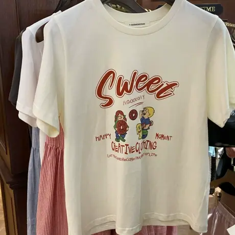 2025夏装新款韩版卡通字母印花套头圆领宽松凉感雪花棉短袖T恤女商品大图