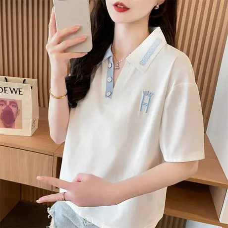 polo领撞色短袖t恤女2025新款夏季韩版宽松设计感小众初中生上衣图片