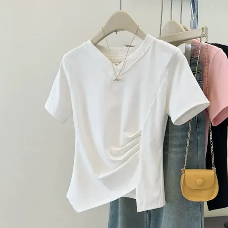 纯欲性感V领正肩短袖T恤女夏季修身韩版短款不规则收腰褶皱上衣服商品大图