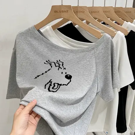 vintage斜肩美式t恤女夏季超火复古独特一字肩chic上衣ins甜辣风图片