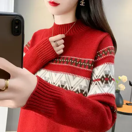 秋冬撞色菱形复古半高领加厚毛衣女内搭费尔岛提花针织上衣打底衫商品大图