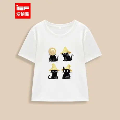 IEF/爱依服【微胖】大码女装2025夏季新款韩版小众猫咪印花T恤女商品大图