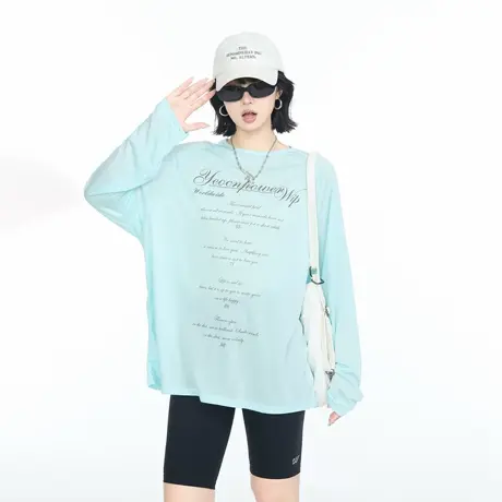 透气长袖防晒罩衫女夏季松弛慵懒风宽松休闲微透创意印花T恤上衣图片