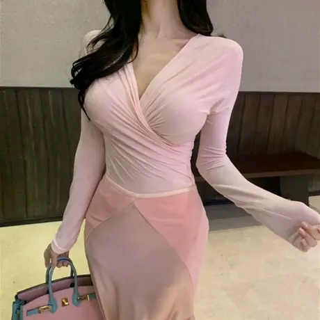 秋季新款韩国东大门修身显瘦交叉深V领显胸包身紧身长袖T恤上衣女商品大图
