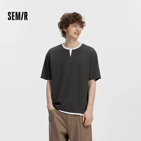 [商场同款]森马短袖T恤男V领假两件上衣华夫格2025新款秋装拼色潮图片