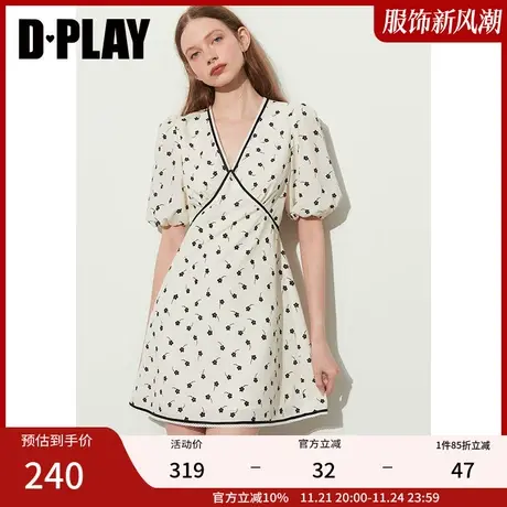 DPLAY夏新法式甜美少女感撞色织带杏底黑花蕾丝花边连衣裙图片