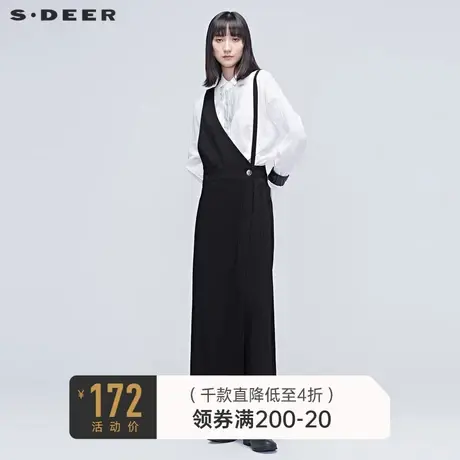 sdeer圣迪奥秋文艺不规则裁剪纽扣阔腿裤女黑色背带长裤S20380816图片
