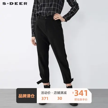 sdeer圣迪奥女装时尚压褶拼接收口黑色小脚裤长裤S21480832图片