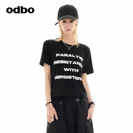odbo/欧迪比欧美式复古字母印花短袖T恤2024秋季新款针织休闲上衣图片