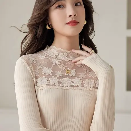 五公主蕾丝打底衫女新款秋冬妈妈高领小衫时尚气质洋气内搭上衣薄商品大图