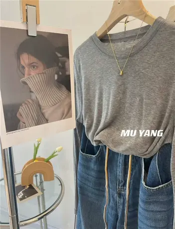 每年都要入的天丝羊毛面膜T 长袖柔糯糯亲肤明线打底衫T恤上衣女图片