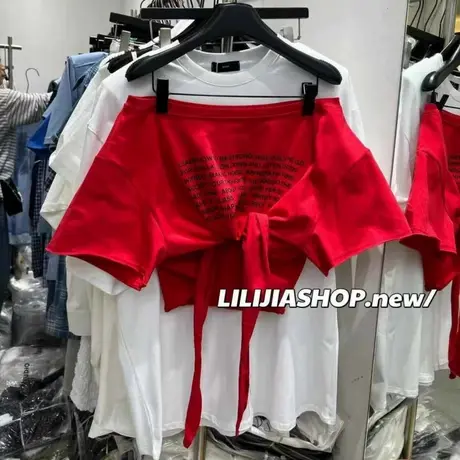 韩国东大门夏季新款时尚百搭显瘦字母印花一字肩绑带短袖T恤上衣商品大图