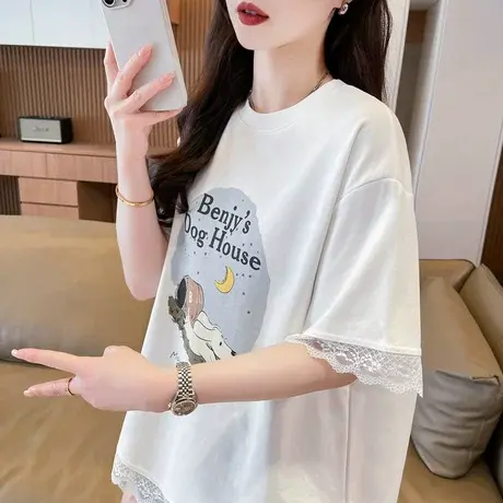 蕾丝花边短袖t恤女2025新款夏季韩版宽松大码女装初中生百搭上衣商品大图