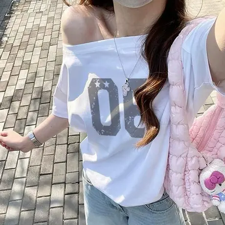 辣妹一字斜肩短袖T恤女夏季宽松韩版小众chic别致露肩半袖上衣潮商品大图