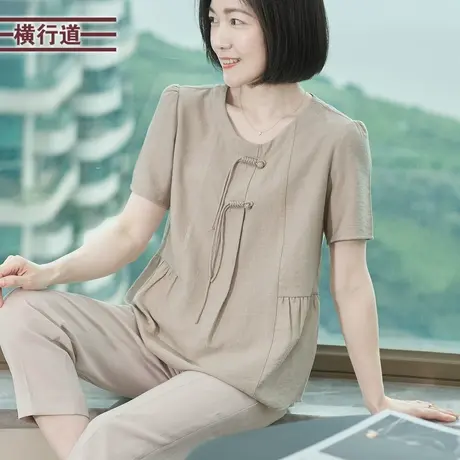 新中式圆领盘扣宽松短袖休闲纯色上衣服2025新款夏装女士半袖外穿商品大图