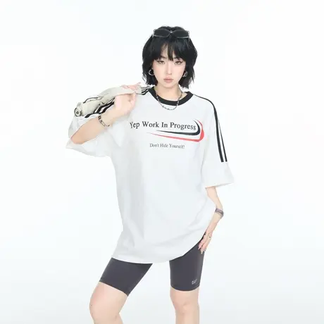 美式潮牌高街创意印花短袖T恤女夏季三条杠宽松运动情侣半袖上衣商品大图