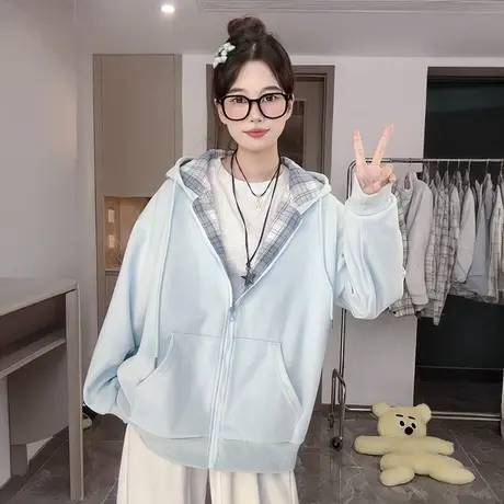 甜美大码开衫连帽外套女oversize宽松胖mm显瘦格子高级感上衣秋商品大图