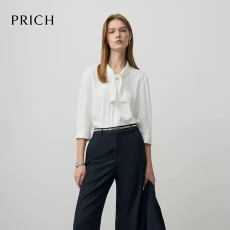 PRICH时尚简约纯色淡人七分袖衬衫2025早秋新款气质飘带领上衣女商品大图
