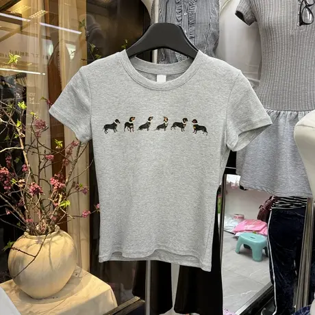 韩版2025夏季新款十三行修身通勤休闲百搭印花设计套头短袖T恤衫图片