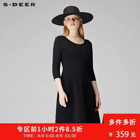 sdeer圣迪奥女秋季纯黑高腰分割细褶圆领连衣裙S17383539商品大图