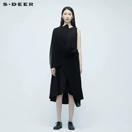 sdeer圣迪奥夏装条纹雪纺原创设计拼接黑色无袖连衣裙潮S20281275商品大图