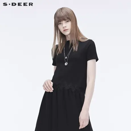 sdeer 🧜圣迪奥  🧝优雅时尚圆领蕾丝拼接纯色短袖针织S19263506商品大图