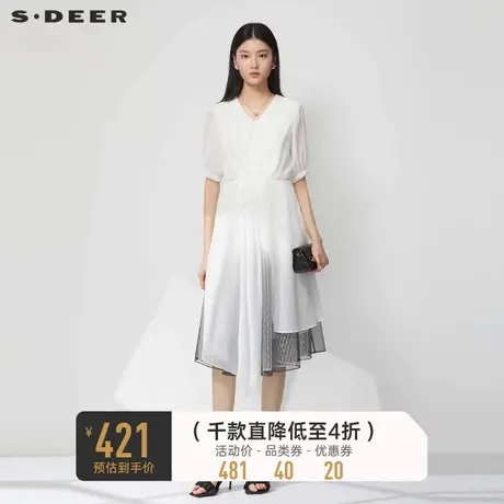 sdeer圣迪奥女装V领收腰撞色网纱雪纺连衣裙S232Z12W9图片