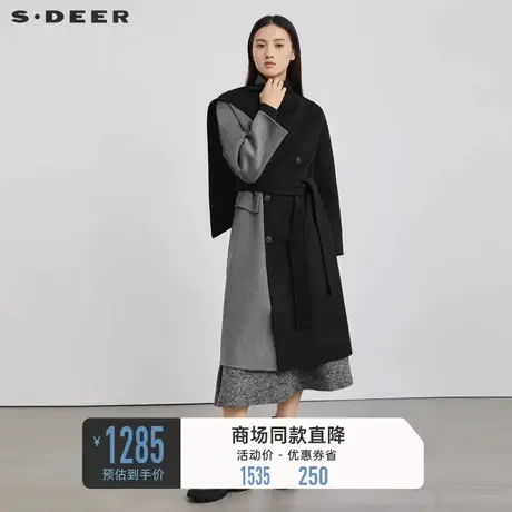 sdeer圣迪奥女装不规则领撞色收腰毛呢长款大衣S223Z2505💊商品大图