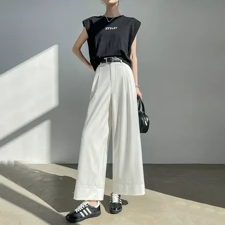 白色休闲阔腿裤女春夏天丝薄款高腰垂感宽松小个子八九分直筒裤子商品大图