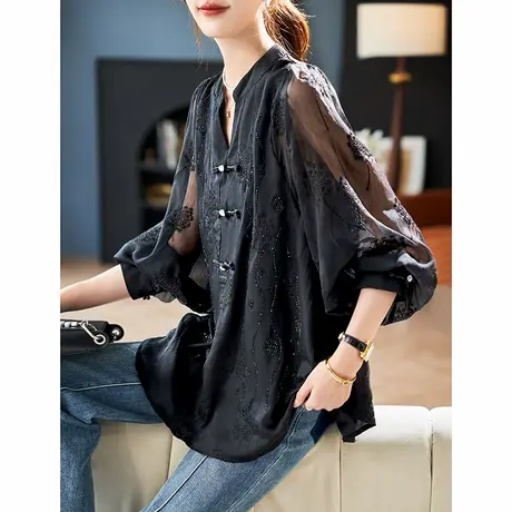 宝诗黎V领刺绣烫钻雪纺衫2025春季气质新中式镂空拼接黑色衬衣女商品大图