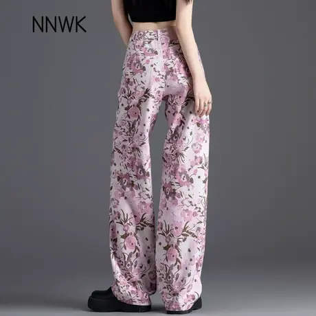 复古碎花彩绘牛仔裤女阔腿裤女2025新款春秋季高腰直筒裤个性裤子图片
