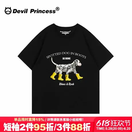 美式街头风设计感潮牌黑色t恤女短袖宽松大版斑点狗印花半袖上衣商品大图