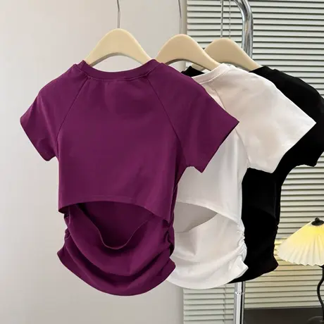 韩系chic甜辣后背镂空短袖T恤女夏季修身韩版设计感短款半袖上衣商品大图