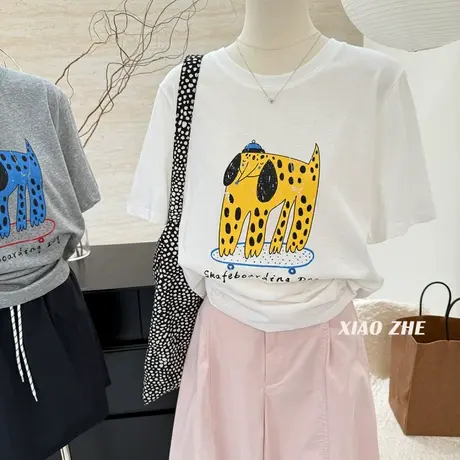 凉感雪花棉短袖t恤女韩系字母印花宽松卡通印花百搭设计感上衣夏商品大图