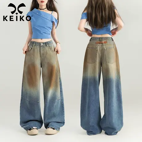 KEIKO 复古做旧脏染阔腿牛仔裤女25早秋废土风高腰宽松直筒拖地裤商品大图
