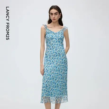 朗姿印花雪纺吊带收腰连衣裙度假风高级感碎花裙子2025年秋季新款图片